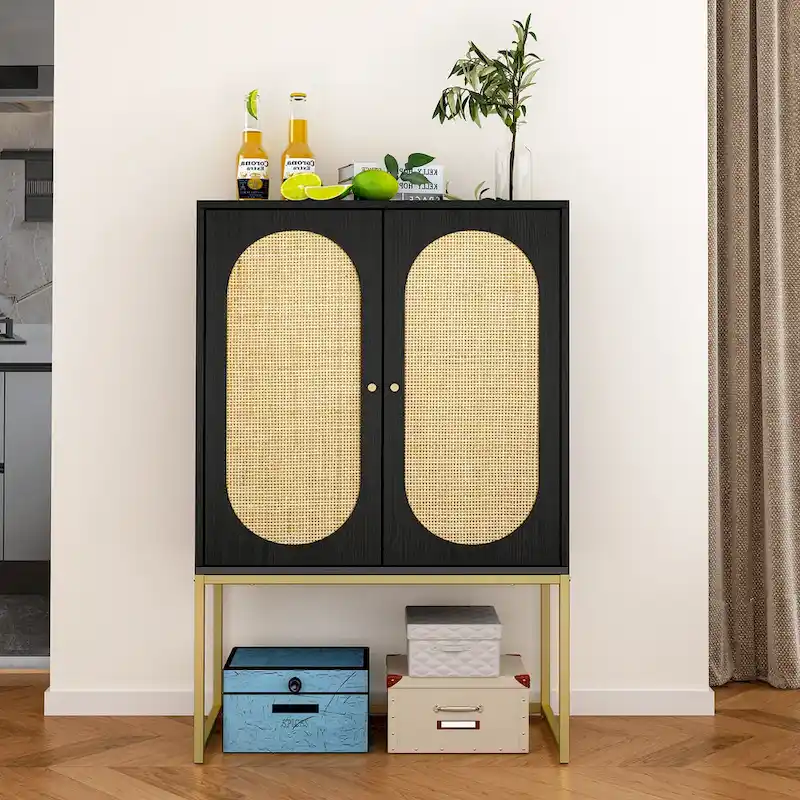 Rattan Door Storage Cabinet with Adjustable Shelf White Walnut Black Brown