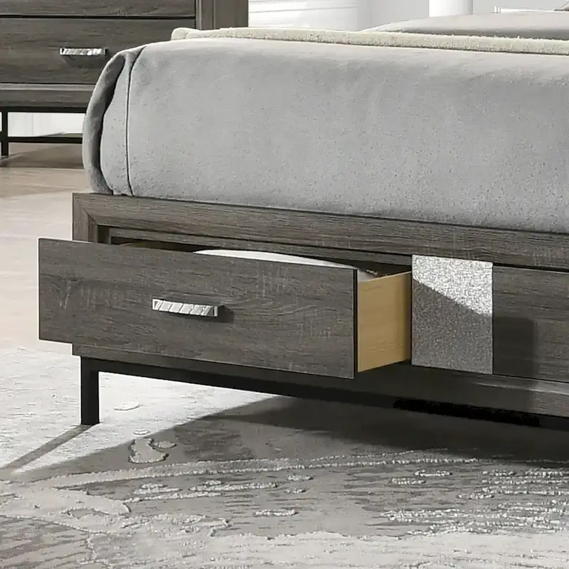 Modern Grey Storage Platform Bed with Chevron Headboard and Footboard Drawers