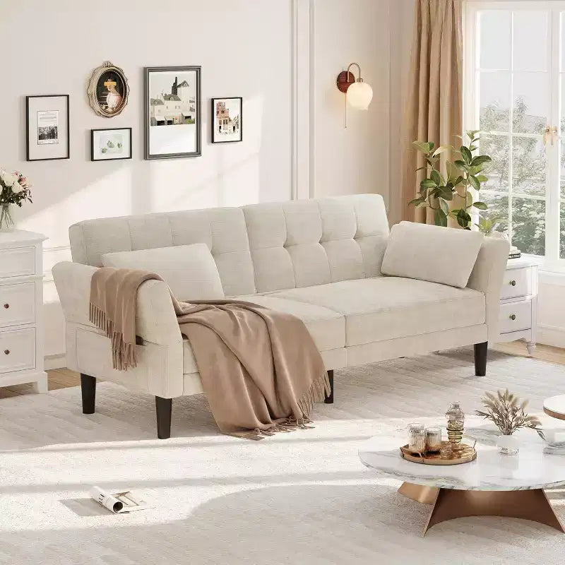 89 Futon Sofa Bed, Modern Sleeper Sofa with Adjustable Backrest & Armrest, Convertible Futon Couch Bed with 2 Pillows for Home Office