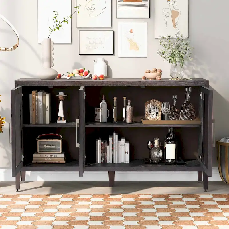 Floor Storage Cabinet with Tempered Glass Doors and Adjustable Shelves