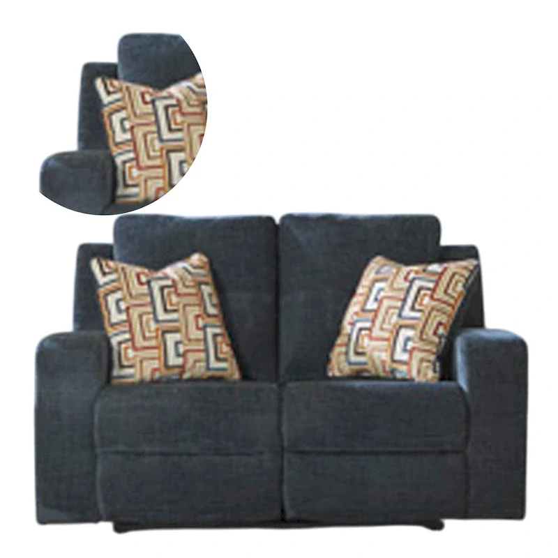 Manual Reclining Loveseat, Navy Blue Fabric, 2 Pillows, 64 Inch