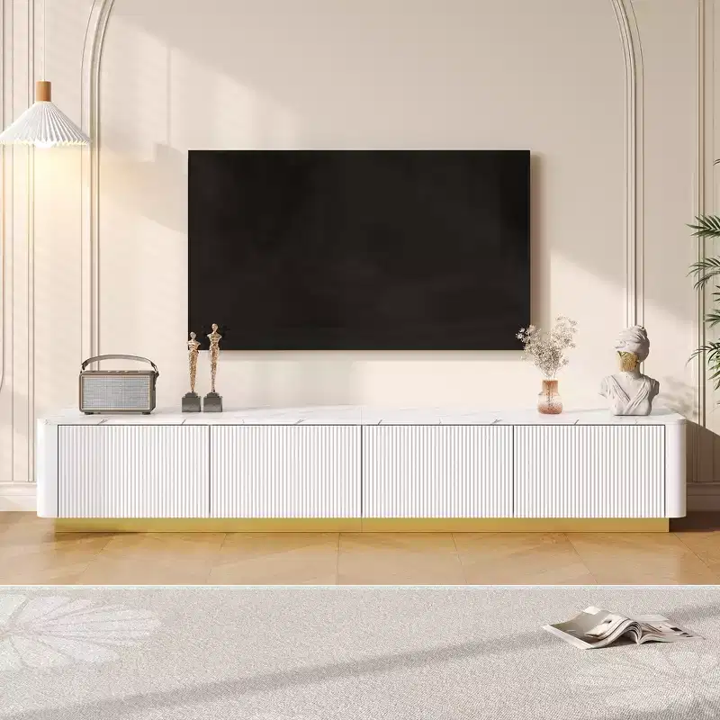 JVNOXK Luxury Fluted TV Stand for TVs Up to 85, Faux Marble Tabletop Media Console with 4 Drawers, Curved Profile Design, White