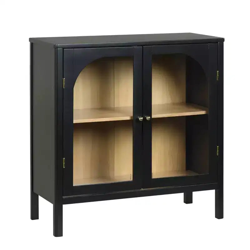 Wood and Glass Door Storage Cabinet �C 2 Doors, Fixed Interior Shelf