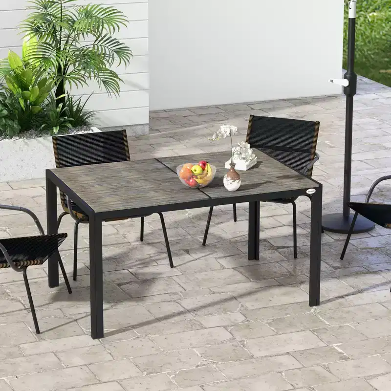 Patio Table for 6 with Aluminum Frame, Faux Wood Tabletop, Rectangular Outdoor Table for Backyard, Lawn, Balcony