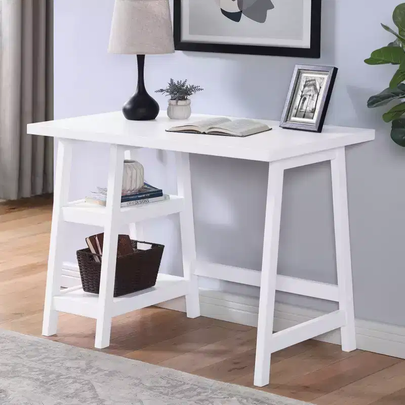 Contemporary Wood Writing Desk with Open Shelves, White