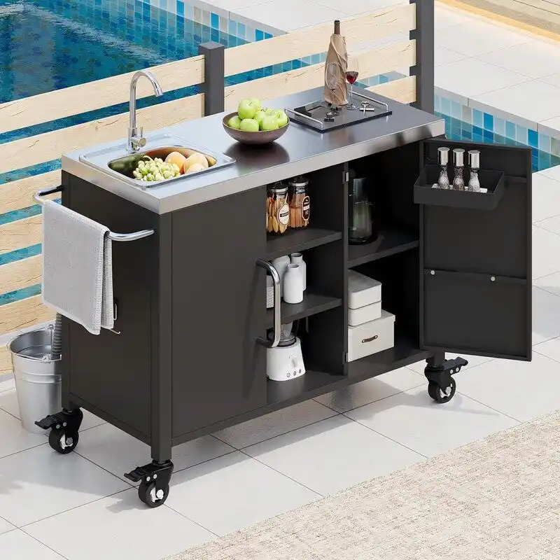 Outdoor Kitchen Island with Sink, Outdoor Bar Cart Sink Station with 4 Lockable Wheels