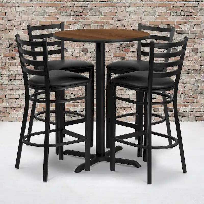 30 Round Laminate Table Set with X-Base and 4 Ladder Back Metal Barstools