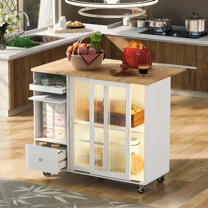 Kitchen Island with Drop Leaf, LED Light Kitchen Cart on Wheels