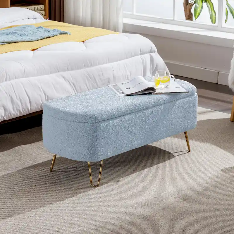 Blue Storage Ottoman Bench with Gold Legs