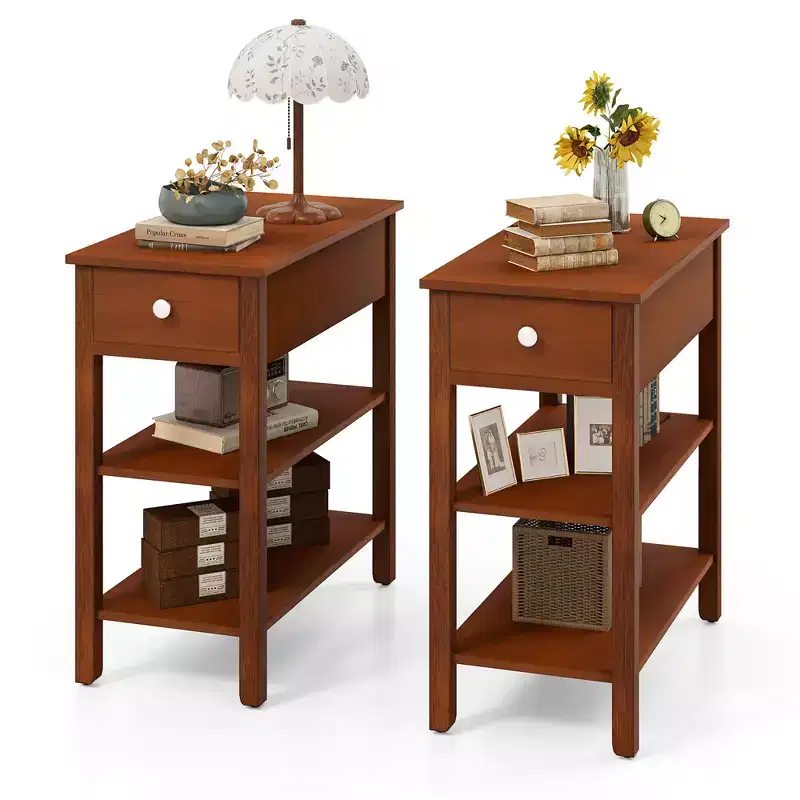 Costway 2 PCS Narrow End Tables w/Drawer Shelves & Rubber Wood Legs Sofa Side Table