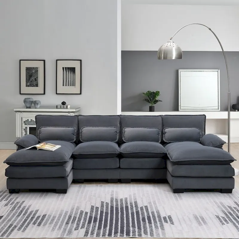 Modern U-shaped Sectional Sofa with Waist PillowsSleeper Sofa Couch with Chaise Lounge