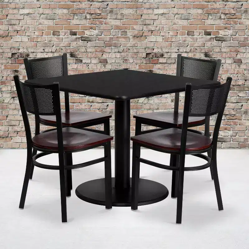 Emma and Oliver 36 Square Black Laminate Table Set, 4 Grid Back Metal Chairs
