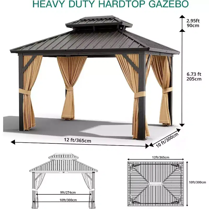 Dual-Layer Hardtop Gazebo, Heavy-Duty Galvanized Steel Frame with Netting & Curtains, All-Weather Aluminum Pavilion for Patio, Garden, Lawn, Deck