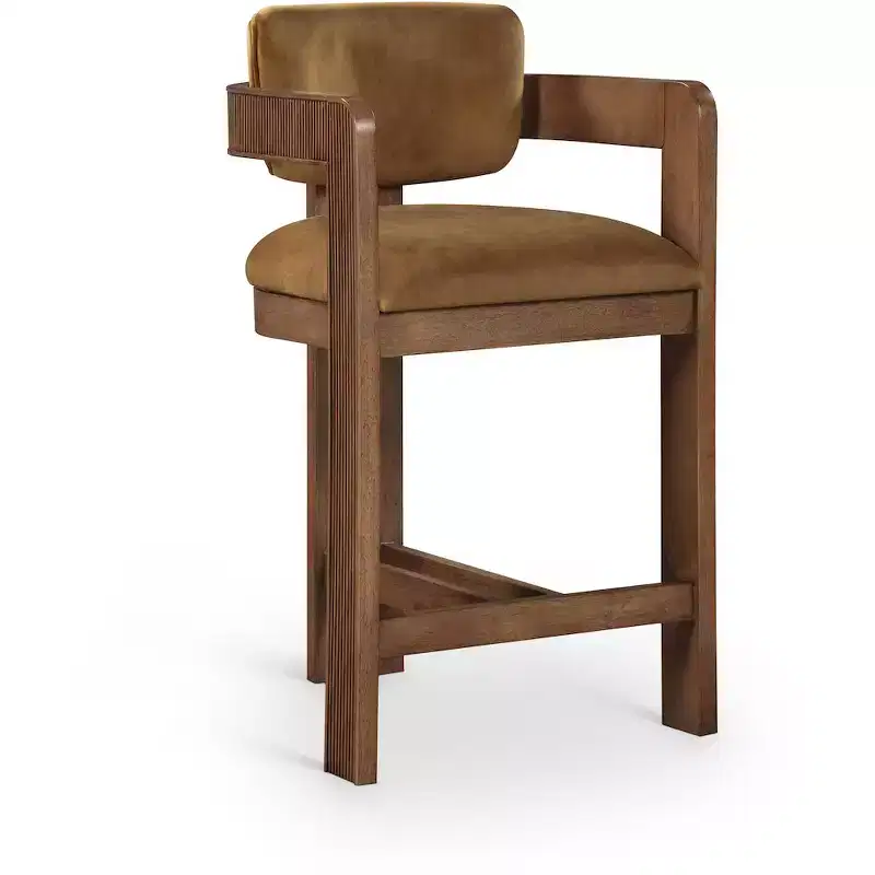 Saddle Velvet Counter Stool �C Fluted Walnut Wood, 460 GSM Velvet