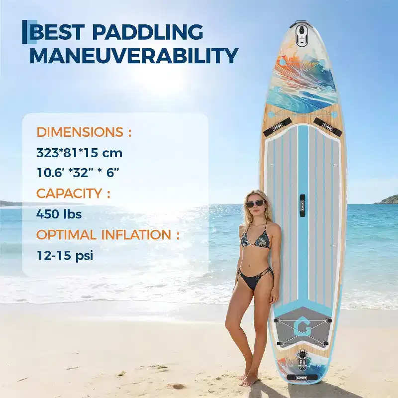323 Gradient Light Wood Grain Inflatable Paddle Board, PVC, Complete Set with Paddle, Backpack & Air Pump