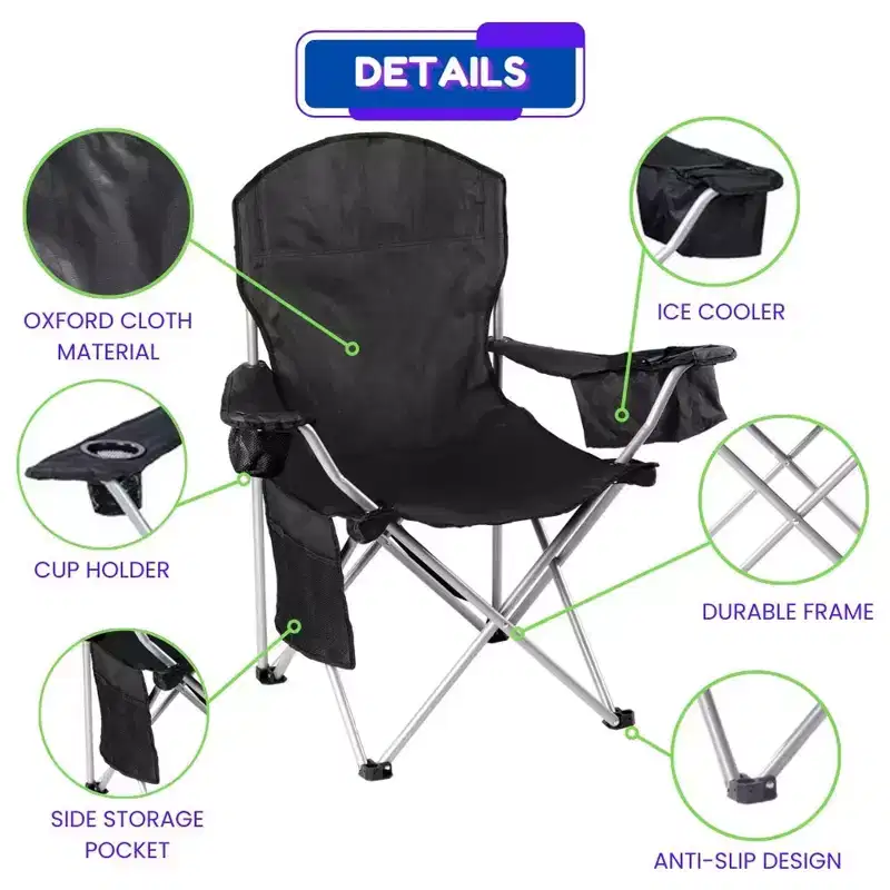 Foldable Camping Chair with Cooler Bag, Black