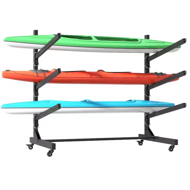 VIYET 41H Freestanding Kayak Storage Rack, Heavy-Duty Adjustable Stand with Lockable Wheels, Holds 3 Kayaks/Canoe/SUP/Surfboard (Black)
