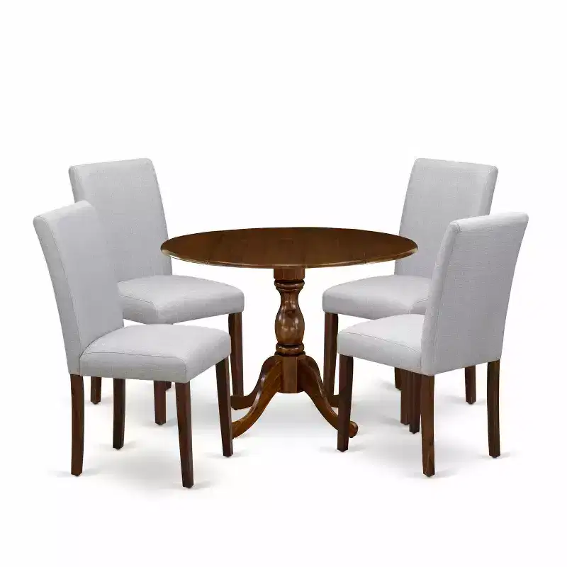 HomeStock 5-Piece Antique Walnut Finish Solid Wood Top Dining Table with 4 Parson Chair with Drop Leaf Lattice Back