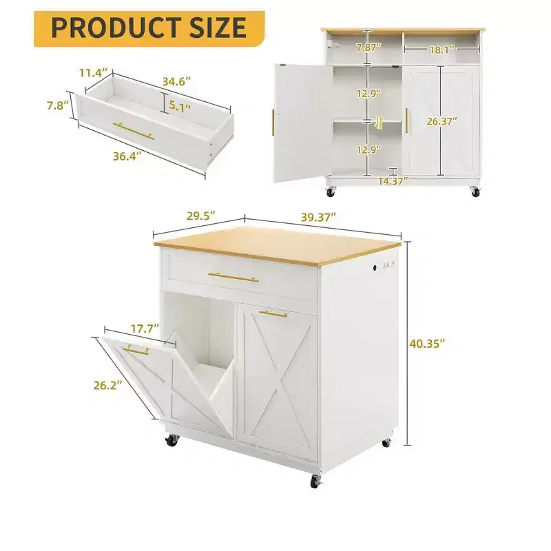 Rolling Kitchen Island With Double Tilt Out Trash Can Cabinet And Charging Station Utility Trolley With Drawer For Kitchen (Not Included Trash Can)
