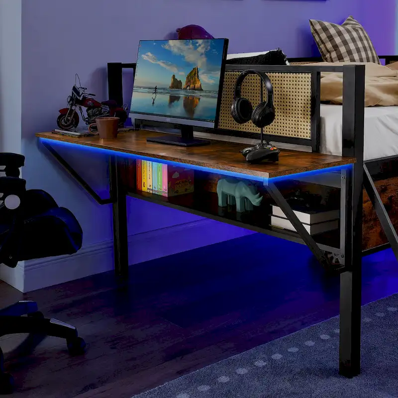 Full Size Metal Loft Bed with Desk, LED Lights and Storage, Black and Brown