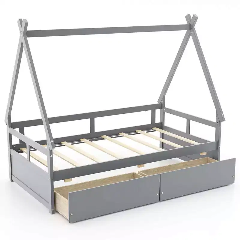 Costway Twin Size House Bed with Roof Safety Guardrail 2 Storage Drawers Wood Slat Support White/Gray
