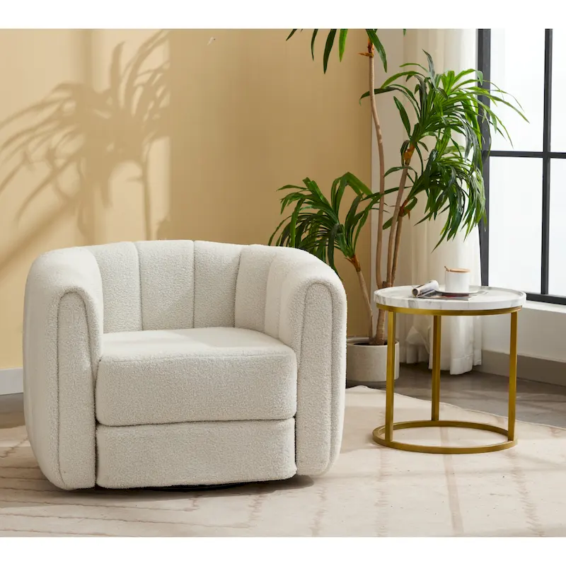 360�� Swivel Barrel Accent Chair, Teddy Fabric, Single Seat - White / Brown