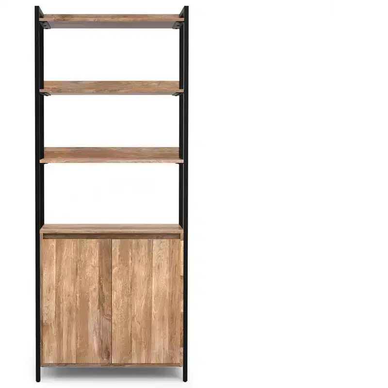 Paola SOLID MANGO WOOD 74 inch x 30 inch Modern Industrial Large Bookshelf with Cabinet in Natural