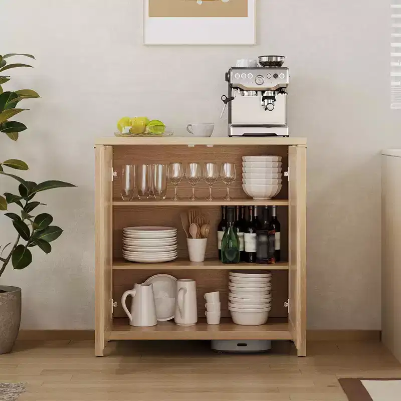 Sideboard, 2 Piece Rattan Buffet Cabinet with Adjustable Shelves, Freestanding Boho Storage for Kitchen, Living Room, Natural