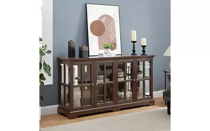 Curio Cabinet, Lighted Glass Display Cabinet w/ 4 Glass Doors & Adjustable Shelves, Lighted Showcase with Light Strip, TV Stand