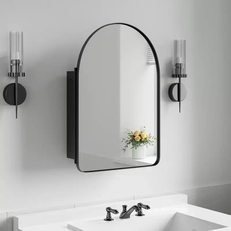 PexFix Arched Metal 36x24 Recessed/Surface Mount Medicine Cabinet with Mirror Black