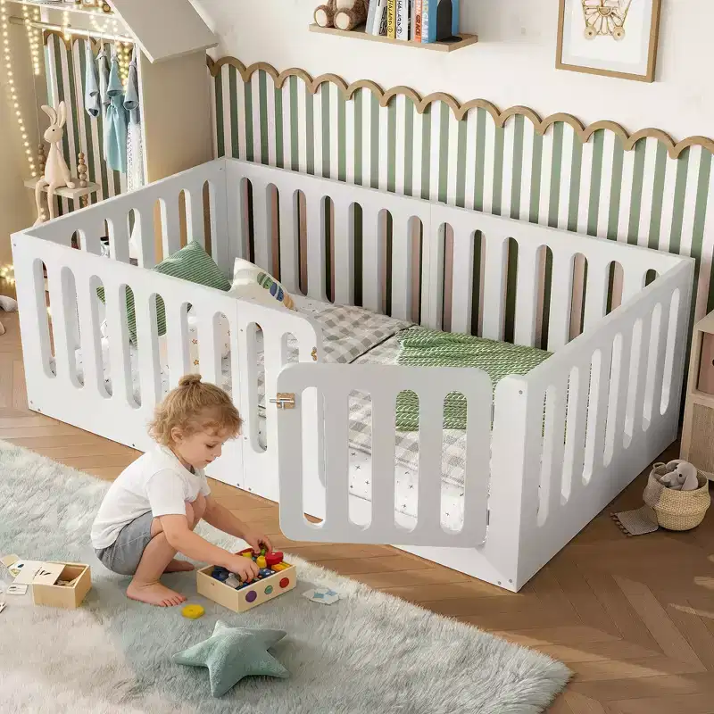 White Twin Montessori Floor Bed with Fence Rails & Door �?Solid Wood, 1 Child