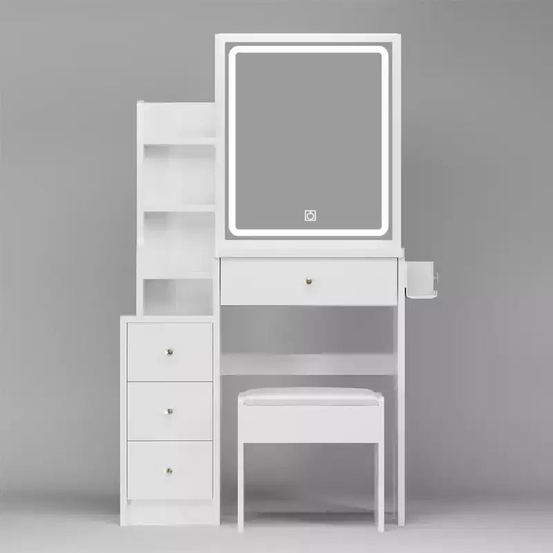 Makeup Vanity Desk, Vanity Table Set With Stool, Right Sliding Mirror, Multi Layer Storage Shelves, 4 Drawers, Dressing Table White