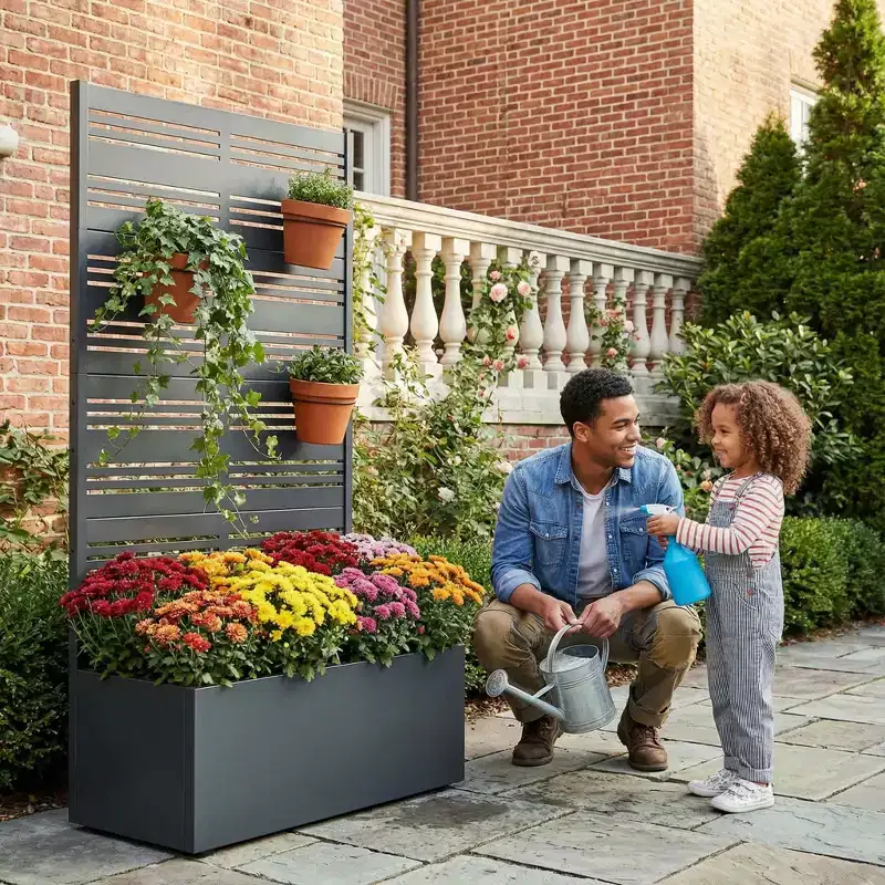MAYEERTY Black Wrought Iron Planter with Trellis (Harold B Louvered), 59x30x12, 4-Piece Rustproof Garden Decor