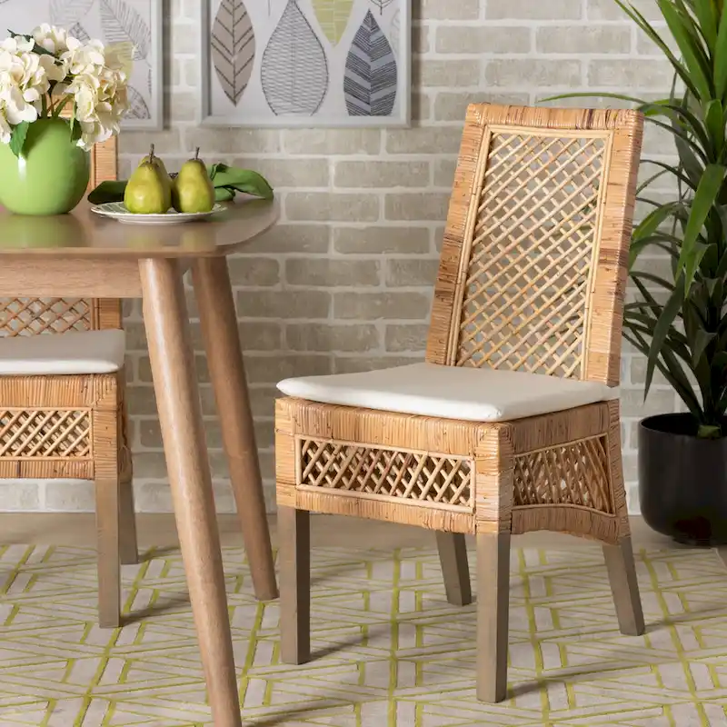 Modern Bohemian Natural Brown Rattan 2-Piece Dining Chair Set