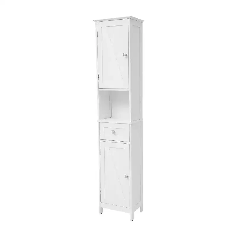 Emma and Oliver Narrow Freestanding Linen Tower Organizer with Dual Cabinets, Fixed and Adjustable Shelves, Magnetic Closure Doors and Storage Drawer