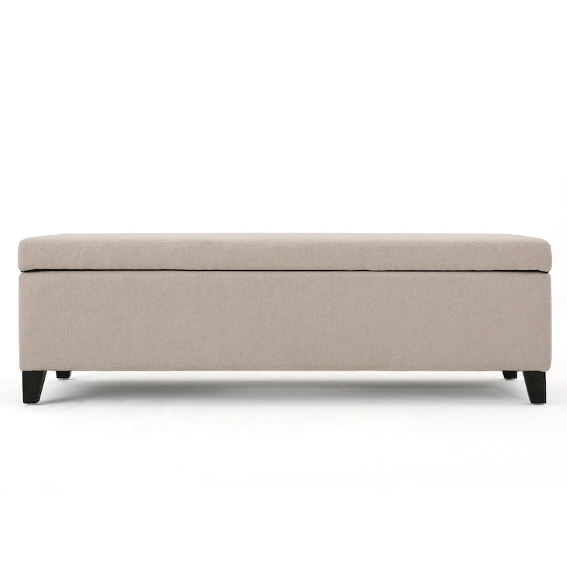 Storage Bench Ottoman, Ivory, 51 Inch Cushioned Seat, Birch Wood Legs