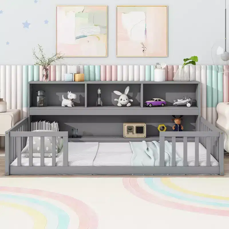 Twin Floor Bed with Bookcase, Shelves, and Guardrails - Gray