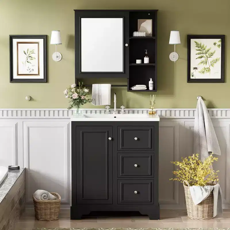 FAMYYT 30 in. Single Sink Freestanding Bath Vanity with White Ceramic Top and Mirror Cabinet, Adjustable Shelves
