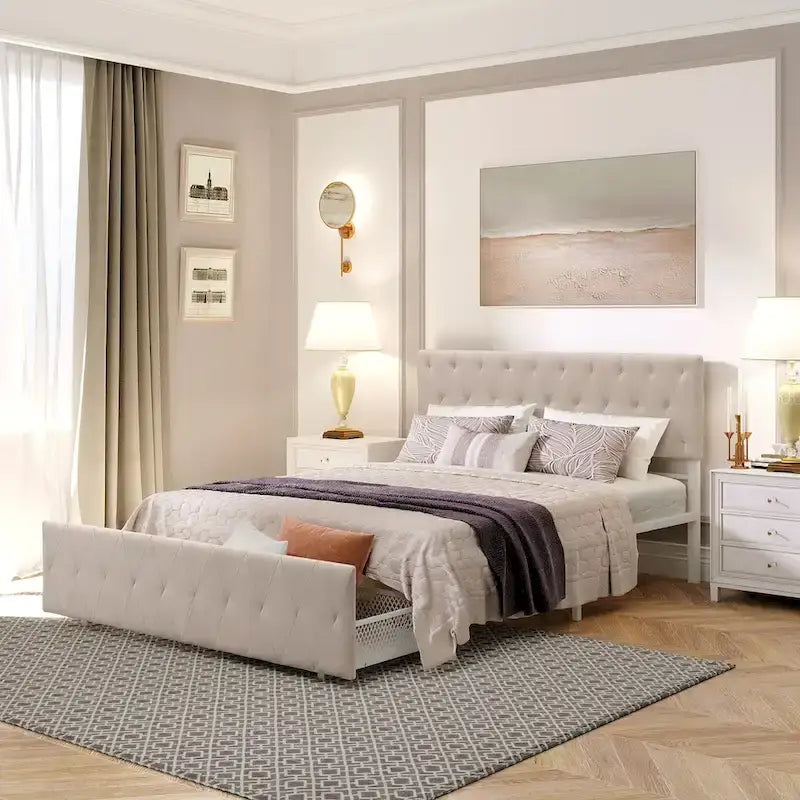 Linen Platform Bed – Gray / Beige, Metal Frame, 1 Large Pull-Out Drawer, Full / Queen, Sleeps 1