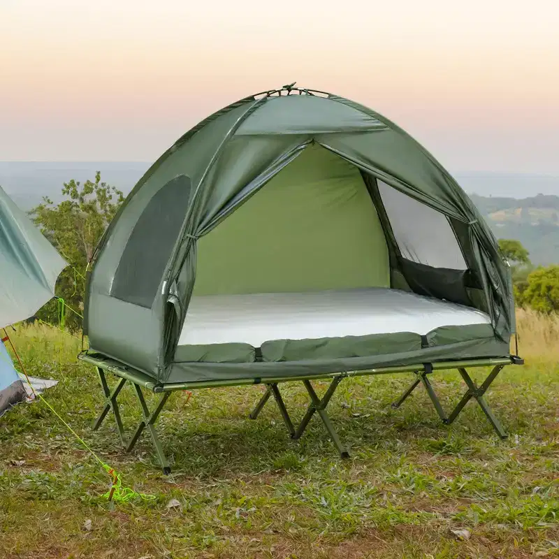 Outsunny 2 Person Foldable Camping Cot, Portable Outdoor with Sleeping Bag & Thick Air Mattress, Multifunctional Elevated Camping Bed Tent for 2
