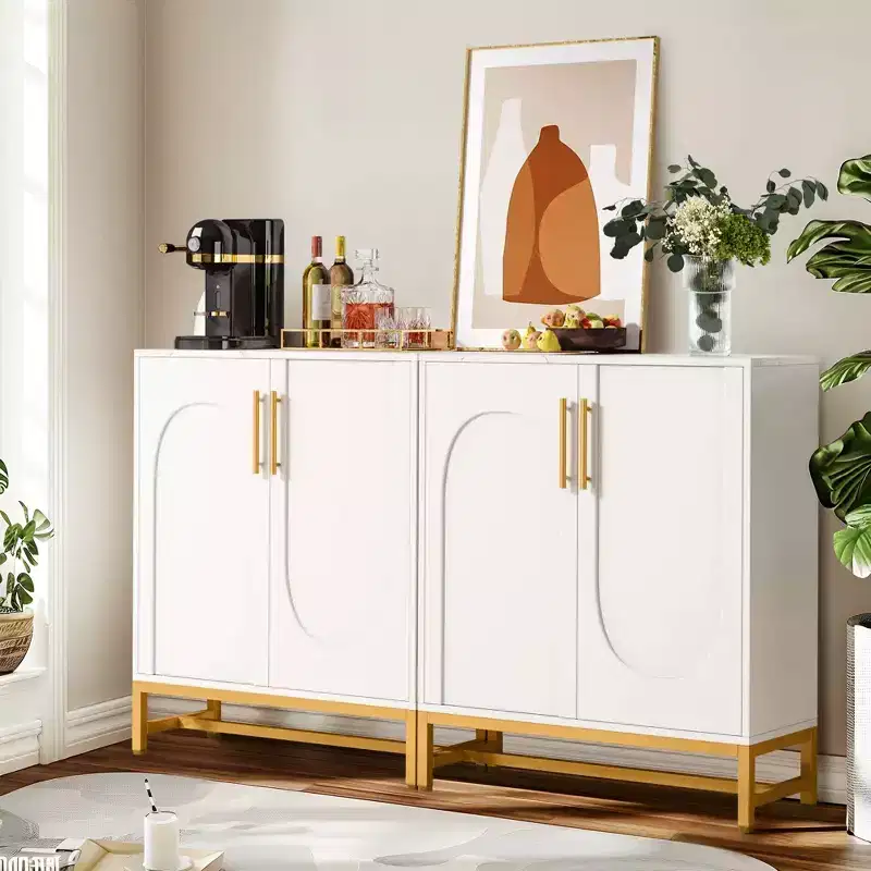 TUYOHW Modern Sideboard Buffet Cabinet with Faux Marble Top & Gold Metal Frame,4-Door Storage for Dining Room,Kitchen Coffee Bar Console