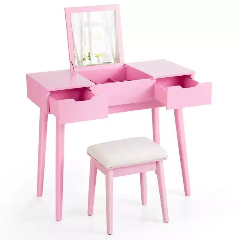 Costway Vanity Table Set w/ Flip Top Mirror Drawers 9 Dividers Makeup Writing Desk
