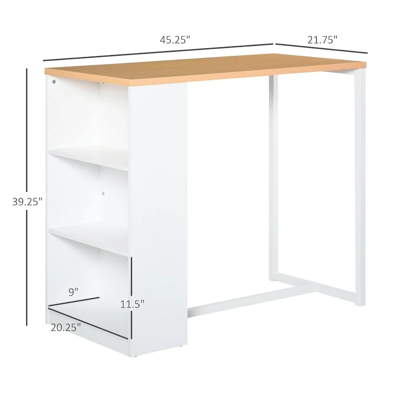 Bar Table with 3-Tier Storage Shelf, Pub Desk, Metal Frame, and Thick Tabletop for Kitchen, White