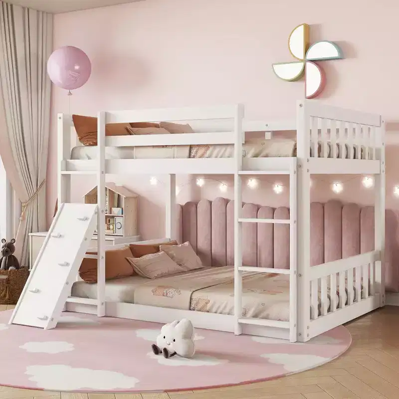 Whisen Twin Over Twin Floor Bunk Bed, Playhouse Floor Bunk Bed with Climbing Ramp, Ladder and Safety Guardrails