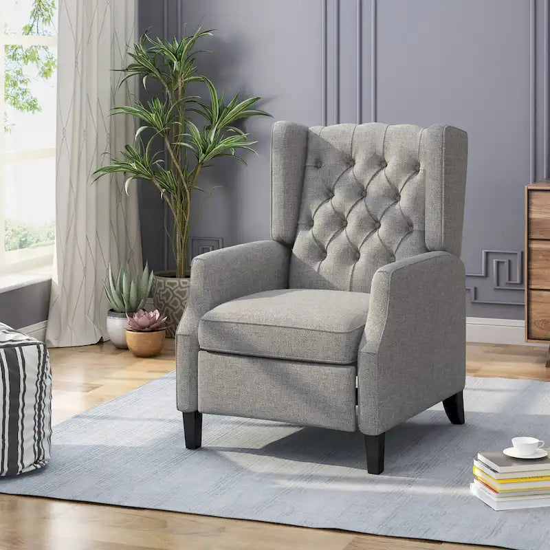 Wingback Push-Back Recliner – Grey Fabric, Mid-Century Style, Button-Tufted, Seats 1