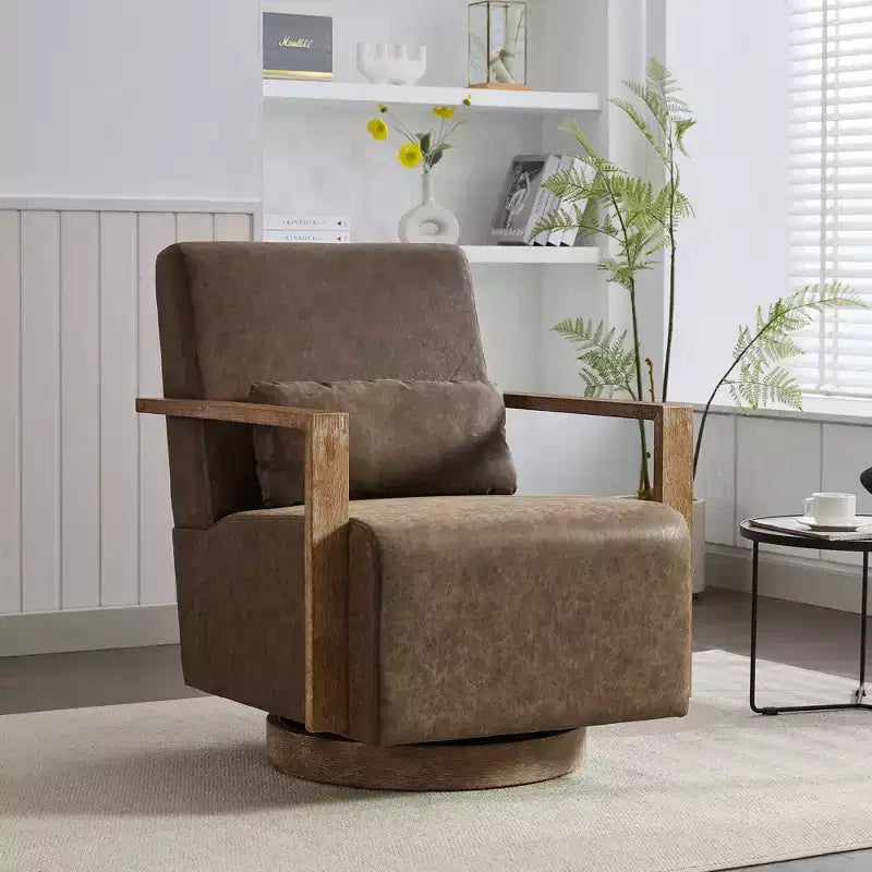 30.3" Swivel Upholstered Accent Chair with Solid Wood Armrests, 360�� Lounge Reading Chair