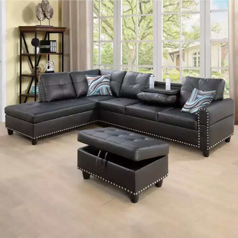 Modern 3-Piece L-Shaped Sofa Set in Black Synthetic Leather