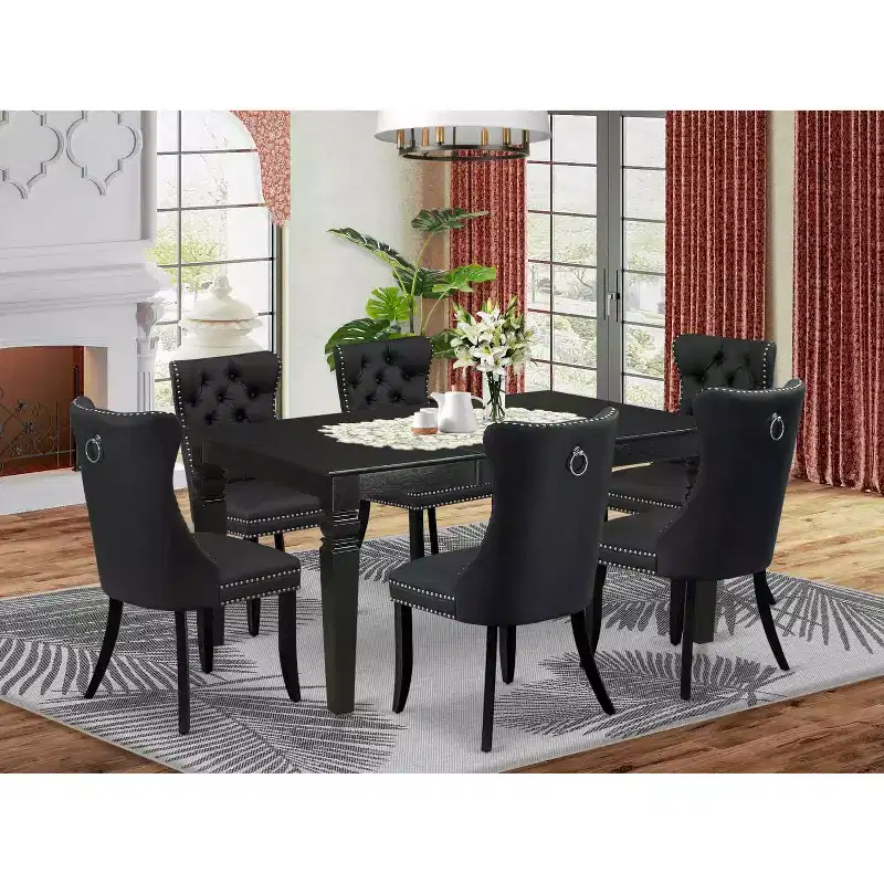 HomeStock Belmont 7 Piece Dining Table Set Contains a Rectangle Kitchen Table with Butterfly Leaf and 6 Upholstered Chairs, Black
