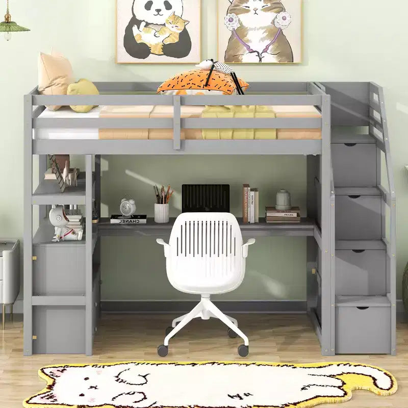 Full/Twin Loft Bed with Built-In Desk, Shelves, Storage Staircase & 2 Drawers