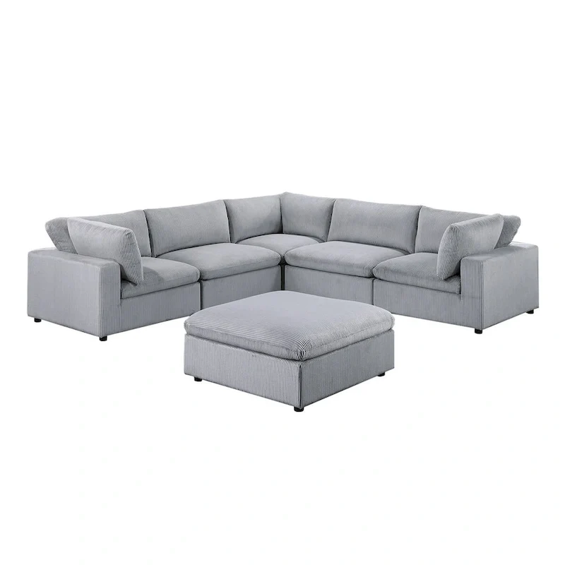 6 Piece Corduroy Upholstered Modular Sectional Sofa with Ottoman